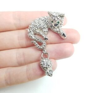 Vintage Cat and Dangling Mouse Charm Brooch, Silver Tone, Kitten, Estate
